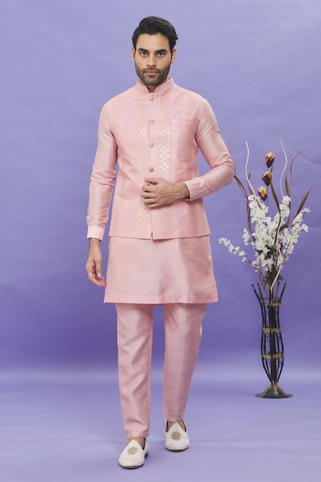 Aryavir Malhotra Pink Art Banarasi Silk Printed Geometric Bundi Kurta Set