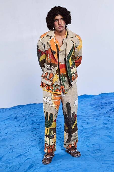 Buy Triune Multi Color Handloom Cotton Printed Desert Sundowner Biker Jacket at Aza Fashions Buy_Triune_Multi Color Handloom Cotton Printed Desert Sundowner Biker Jacket _at_Aza_Fashions
