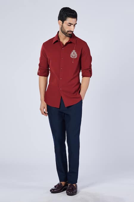 S&N by Shantnu Nikhil Red Cotton Embroidered Crest Placement Work Shirt 