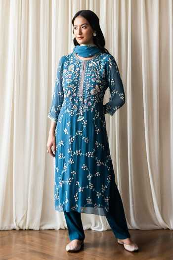Buy Summer By Priyanka Gupta Blue Chiffon Floral Round Persian Hand Embroidered Straight Kurta Set at Aza Fashions Buy_Summer By Priyanka Gupta_Blue Chiffon Floral Round Persian Hand Embroidered Straight Kurta Set_at_Aza_Fashions