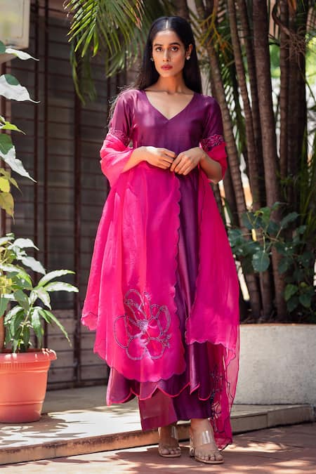 The Aarya Purple Chanderi, Viscose Embroidery V-neck Handwoven Anarkali Palazzo Set