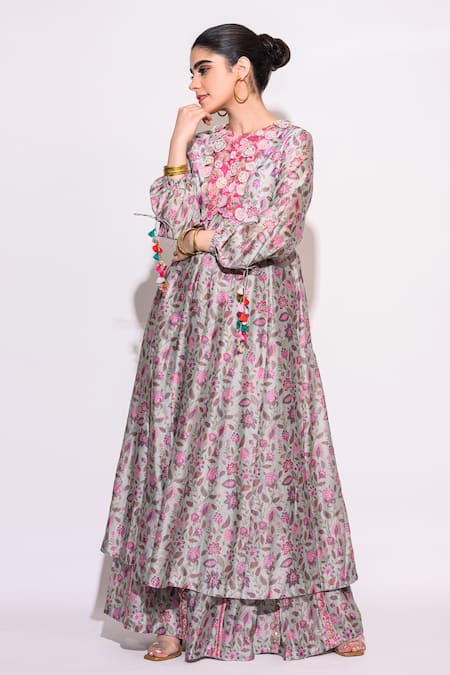 Aangan by Parul Floral Embroidered Yoke Kurta & Sharara Set 