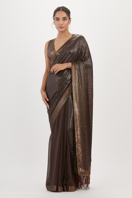 Buy FABMORA Solid/Plain Bollywood Silk Blend, Satin Brown Sarees Online @  Best Price In India | Flipkart.com