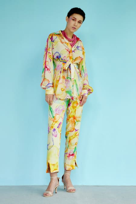 Garima Bindal Multi Color Crepe Sequins Shawl Neck, Daisy Floral Print Shirt And Pant Set 