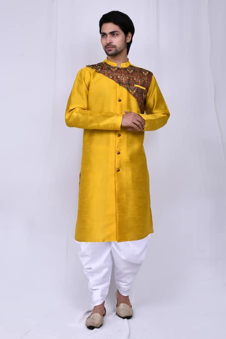 Arihant Rai Sinha Yellow Art Silk Plain Straight Kurta And Cowl Pant Set