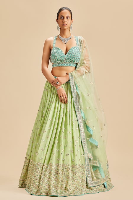 Nitika Gujral Green Lehenga Georgette Embroidery Floral Sweetheart Neck Sequin Set 