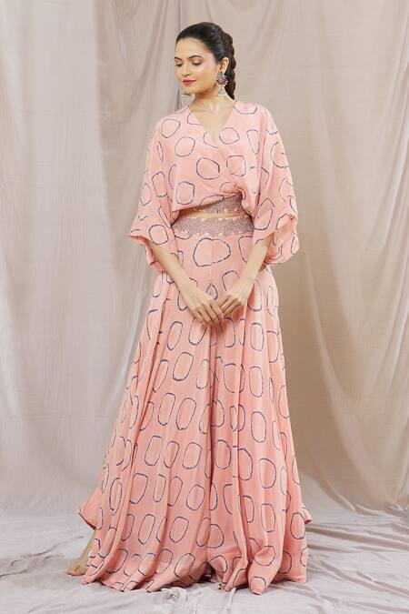 Buy Nupur Kanoi Pink Crepe Beads V-neck Abstract Circle Print Sharara And Top Set at Aza Fashions Buy_Nupur Kanoi_Pink Crepe Beads V-neck Abstract Circle Print Sharara And Top Set_at_Aza_Fashions