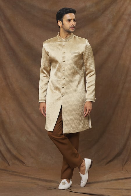 Buy Arihant Rai Sinha Gold Jaquard Woven Hexagonal Pattern Sherwani With  Trouser Online  Aza Fashions
