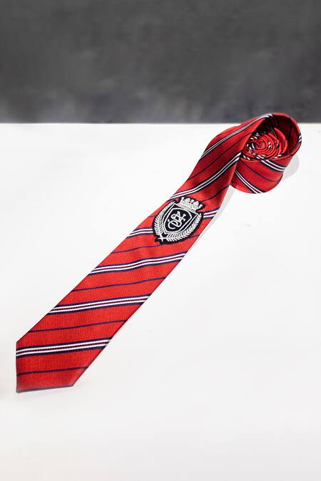 Buy S&N By Shantnu Nikhil Red Striped And Crest Pattern Silk Tie at Aza Fashions Buy_S&N By Shantnu Nikhil_Red Striped And Crest Pattern Silk Tie_at_Aza_Fashions