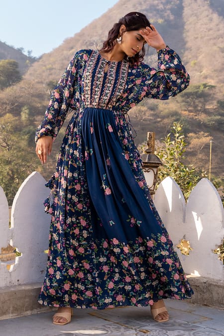 suruchi parakh Blue Georgette Crepe Printed Botanical Keyhole Dress