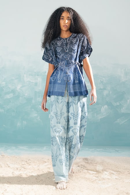 Ikai by Ragini Ahuja Blue Cotton Silk Chanderi Embroidery Thread Nile Shibori Belted Top  