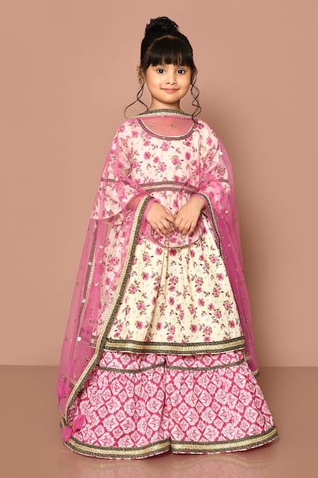Adara Khan Beige Cotton Printed And Embroidered Floral Anarkali Sharara Set