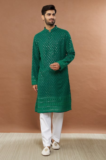 Aham-Vayam Green Cotton Blend Embroidered Mughal Kurta Set 