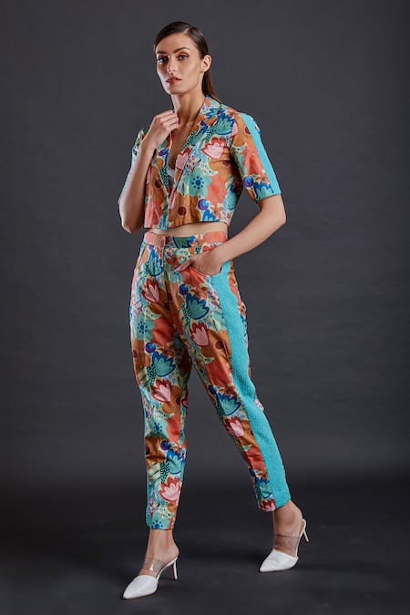 Fuga Green Cotton Embroidery Coral Reef Cropped Blazer And Straight Pant Set
