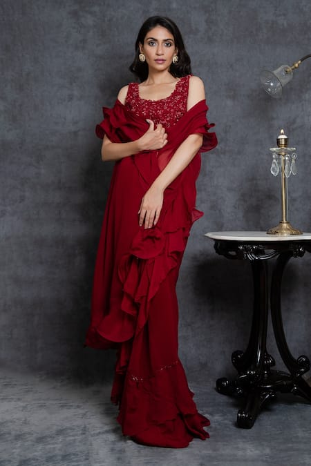 Sunita Bhandari Maroon Viscose, Georgette Cut Ruffle Pre-draped Saree With Sleeveless Blouse