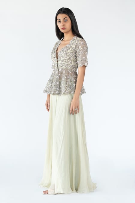 Nikita Vishakha Green Gharara Organza, Top Tulle Dori, Moti Scallop Neck And Peplum Set 