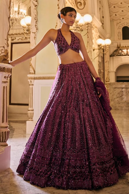 Buy Seema Gujral Purple Net Sequins, Crystals, Beads V Neck Embroidered Bridal Lehenga Set Online at Aza Fashions Buy_Seema Gujral_Purple Net Sequins, Crystals, Beads V Neck Embroidered Bridal Lehenga Set _Online_at_Aza_Fashions