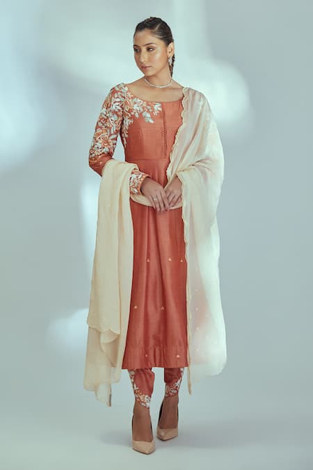 suruchi parakh Orange Tussar Silk Woven And Embroidered Mirror & Thread Anarkali Dhoti Pant Set