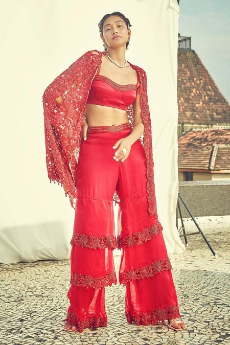 Surily G Maroon Satin Organza Embroidered Floral Cutwork Layered Sharara