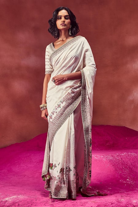 PUNIT BALANA Ivory Tussar Silk Printed And Embroidery Hand Block Border Saree With Blouse 