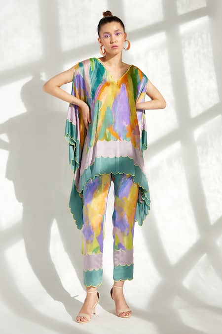 Garima Bindal Multi Color Pure Modal Satin Printed Abstract V Neck Candy Kaftan And Pant Set
