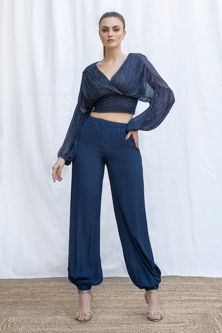 Shop_Amrta By Guneet Kondal_Blue Viscose V-neck Riviera Pleated Top And Pant Set _Online_at_Aza_Fashions