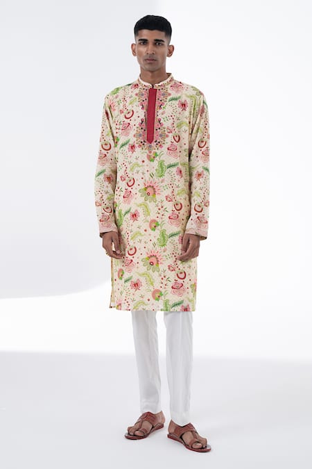 Siddhartha Bansal Ivory Cotton Dobby Stripe Printed Flower Kurta Set  