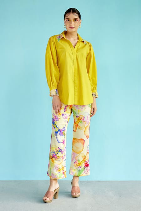 Garima Bindal Yellow Poplin, Modal Sequins, Applique Shawl Neck Sunshine 3d Shirt And Pant Set 