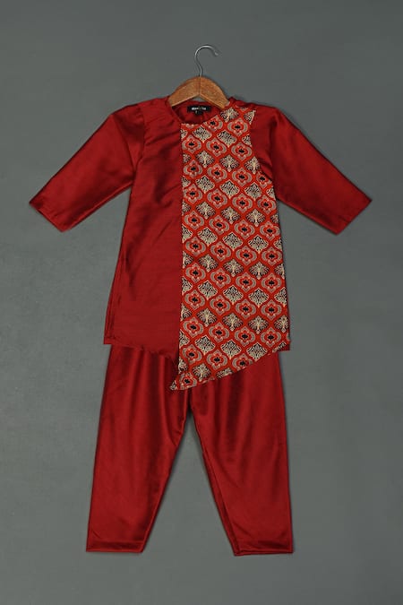Maaikid Red Modal, Cotton, Silk Ajrakh Print Kurta And Pyjama Set
