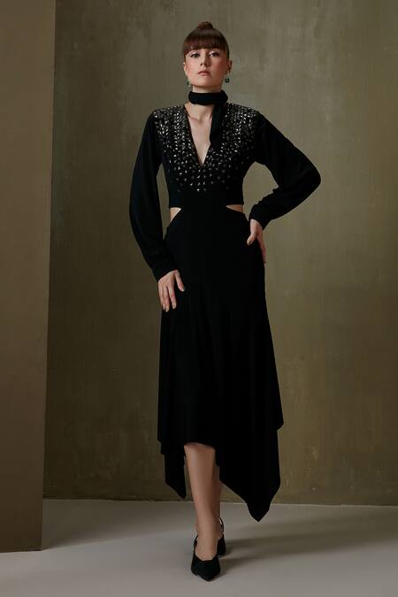 Buy Namrata Joshipura Black Jersey Embellished Geometric V Neck Triad Side Cut Out Gown at Aza Fashions Buy_Namrata Joshipura_Black Jersey Embellished Geometric V Neck Triad Side Cut Out Gown _at_Aza_Fashions