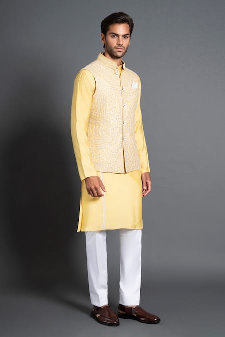 Raghavendra Rathore Jodhpur Yellow Silk Embroidered Geometric Waistcoat 