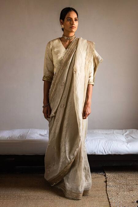 Buy Shorshe Clothing Ivory Chanderi Silk, Tissue Embroidery V-neck Stripe Pattern Blouse Online at Aza Fashions Buy_Shorshe Clothing_Ivory Chanderi Silk, Tissue Embroidery V-neck Stripe Pattern Blouse _Online_at_Aza_Fashions