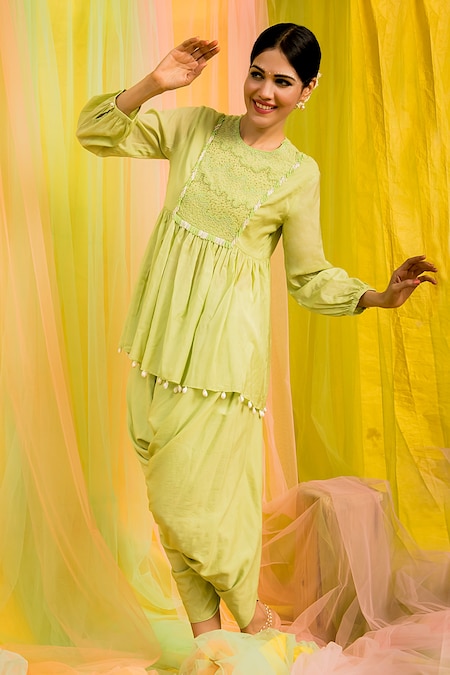 Kacha Tanka Green Kurta And Dhoti Cotton Voile Embroidery Bead & Pant Set