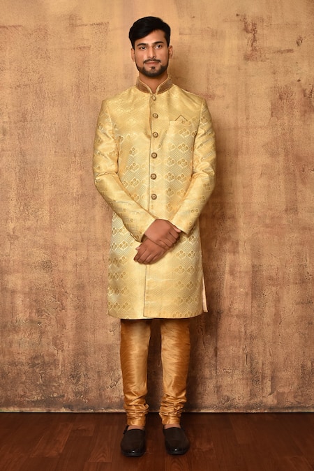 Aryavir Malhotra Gold Sherwani Art Silk And Jacquard Embroidered Floral Jaal Pattern Set