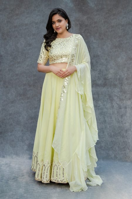 Sunita Bhandari Green Viscose, Organza Gota Patti, Embroidery Boat Neck Placement Lehenga Set 