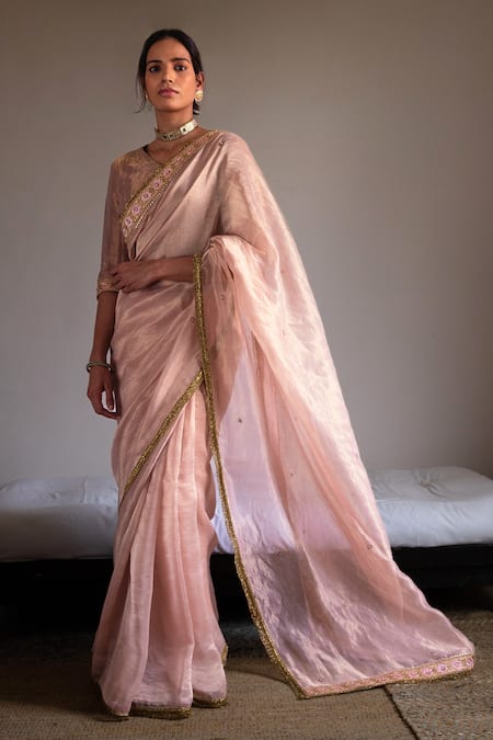 Shorshe Clothing Pink Chanderi Silk And Tissue Hand Embroidery Lace Trim Saree 