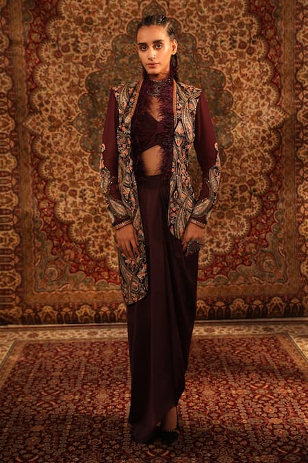 Aditi Gupta Wine Satin Woven And Embroidered Jamawar Pattern Jacket Open Draped Skirt Set 