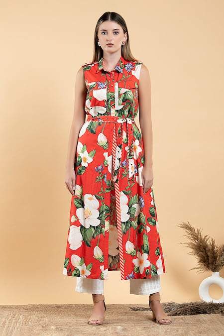 Divi By Sonal Khandelwal Red Cotton Embroidery Collared Wild Rose Print Longline Shirt And Pant Set 