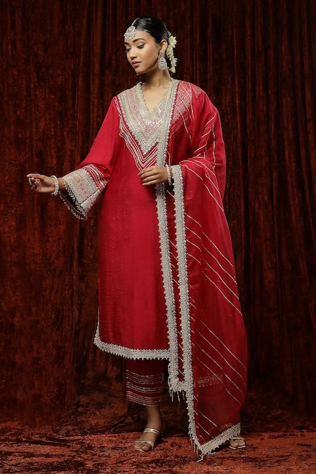 Shikhar Sharma Red Silk Chanderi Embroidered Pearl V Neck Kurta Pant Set
