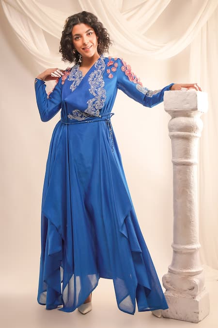 Jajaabor Cowl Neck Embroidered Angrakha & Pant Set 