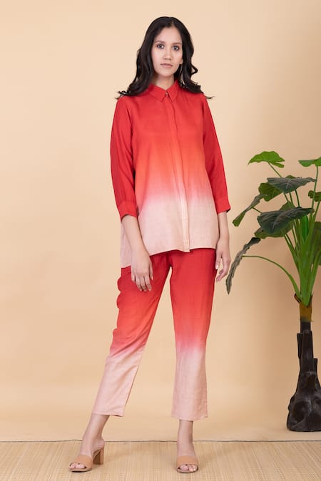 Chambray & CO. Red Silk Split V-neck Kes Ombre Shirt And Pant Set