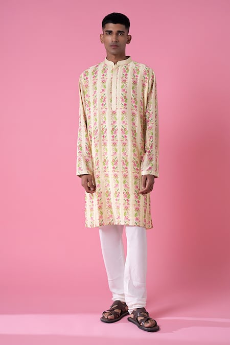 Siddhartha Bansal Multi Color Chanderi Printed Wild Flower Border Stripe Kurta Set  