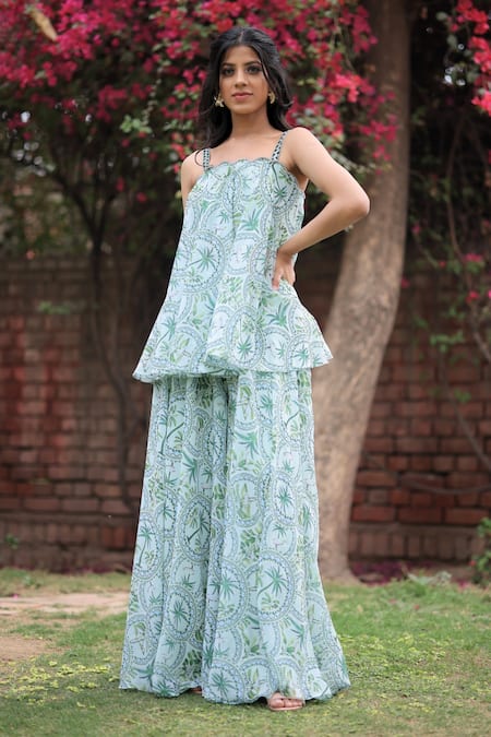 House Of Tushaom Green Georgette Printed Tropical Square Neck Top And Sharara Set 