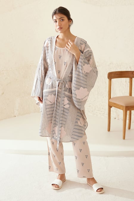 Cotton and Clay Printed Chanderi Kimono Trouser Set 