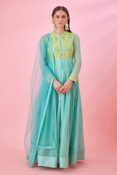Shyam Narayan Prasad Blue Modal Satin And Chanderi Jacquard Embroidered Patchwork Floral Anarkali Set 
