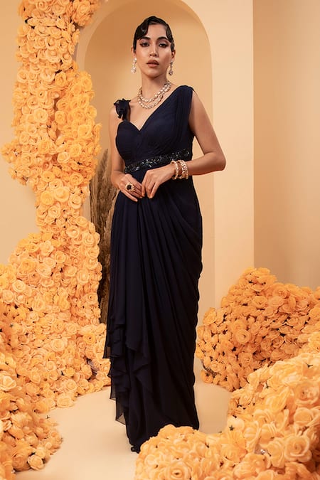 Adi By Aditya Khandelwl Blue Georgette Embroidery, Crystals Asymmetric Midnight Draped Gown 