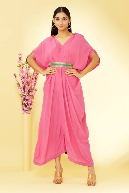 Megha Garg Pink Pure Crepe V Neck Cowl Draped Jumpsuit