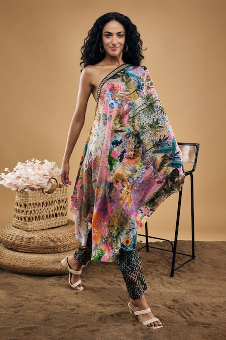 Soup by Sougat Paul Tropical Twilight Print One Shoulder Kurta & Pant Set 