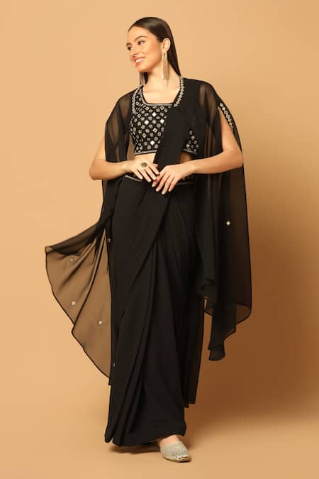 Two Sisters By Gyans Mirror Work Cape & Pre-Draped Saree Set 