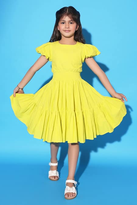 LittleCheer Yellow Cotton Poplin Solid Puffed Sleeve Tiered Dress 